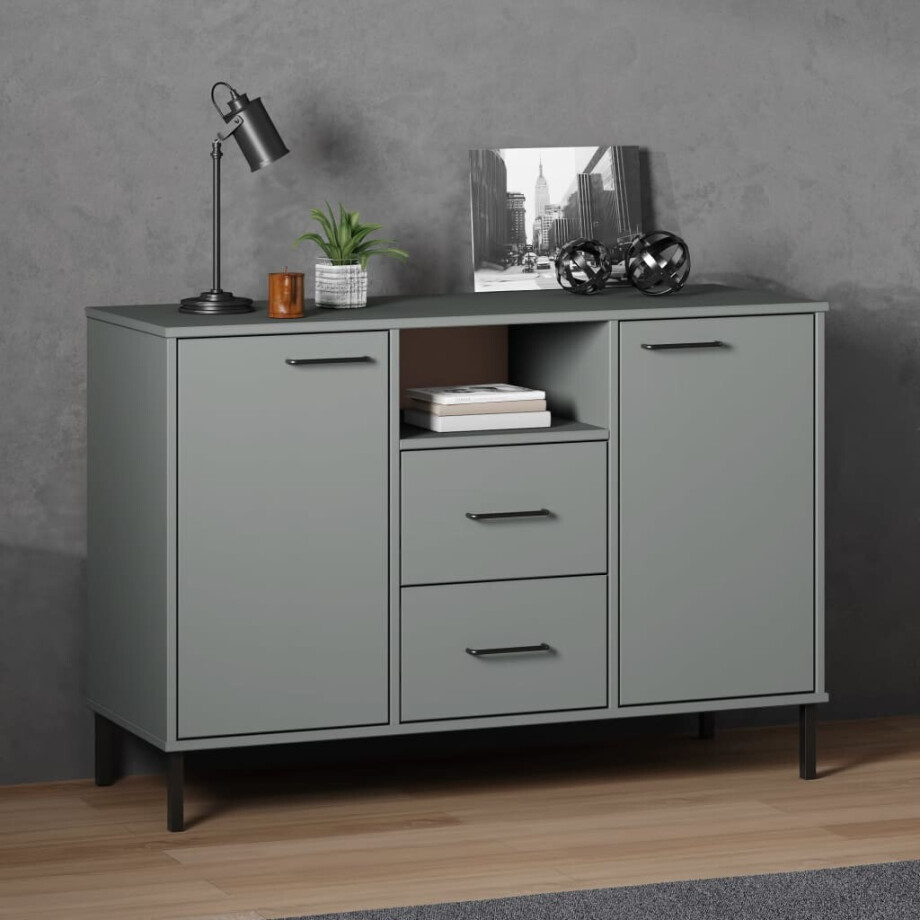 vidaXL Dressoir met metalen poten OSLO 113x40x77 cm grenenhout grijs vidaXL Dressoir met metalen poten OSLO 113x40x77 cm grenenhout grijs afbeelding 1