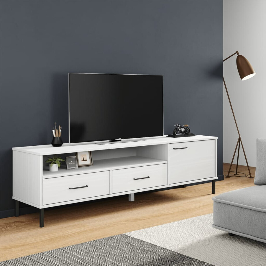 vidaXL Tv-meubel met metalen poten OSLO massief grenenhout wit vidaXL Tv-meubel met metalen poten OSLO massief grenenhout wit afbeelding 1
