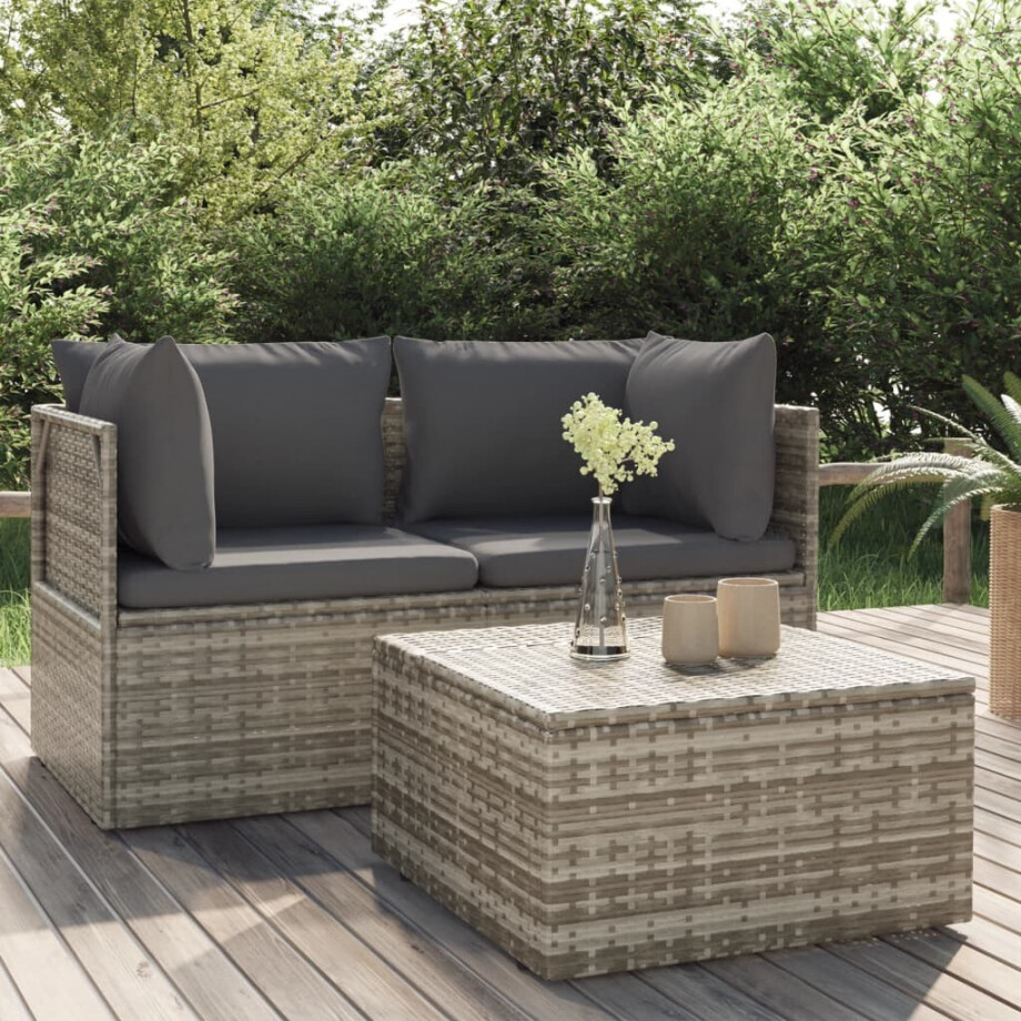 vidaXL 3-delige Loungeset met kussens poly rattan grijs afbeelding 1