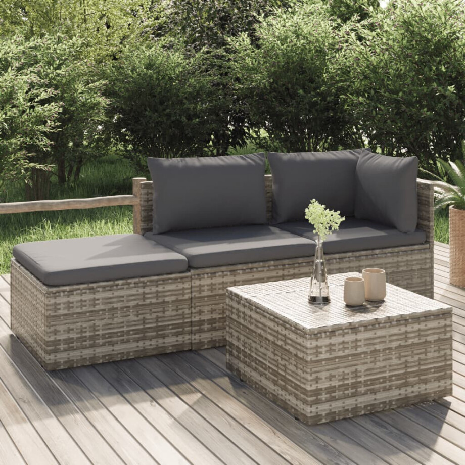vidaXL 4-delige Loungeset met kussens poly rattan grijs afbeelding 1
