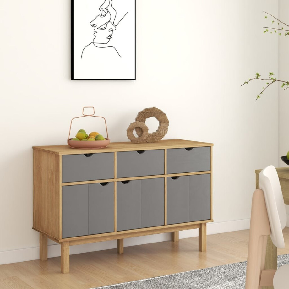 vidaXL Dressoir OTTA 114x43x73,5 cm massief grenenhout bruin en grijs vidaXL Dressoir OTTA 114x43x73,5 cm massief grenenhout bruin en grijs afbeelding 1