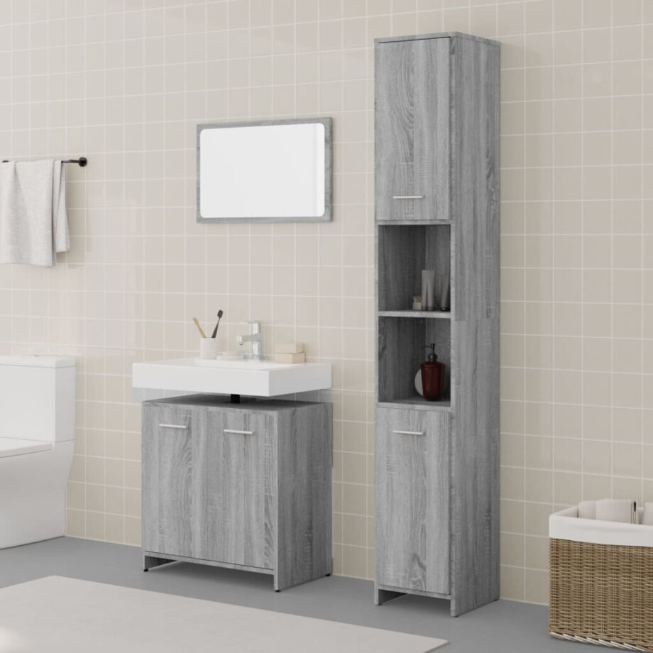 vidaXL 3-delige Badkamermeubelset bewerkt hout grijs sonoma eikenkleur vidaXL 3-delige Badkamermeubelset bewerkt hout grijs sonoma eikenkleur afbeelding 1
