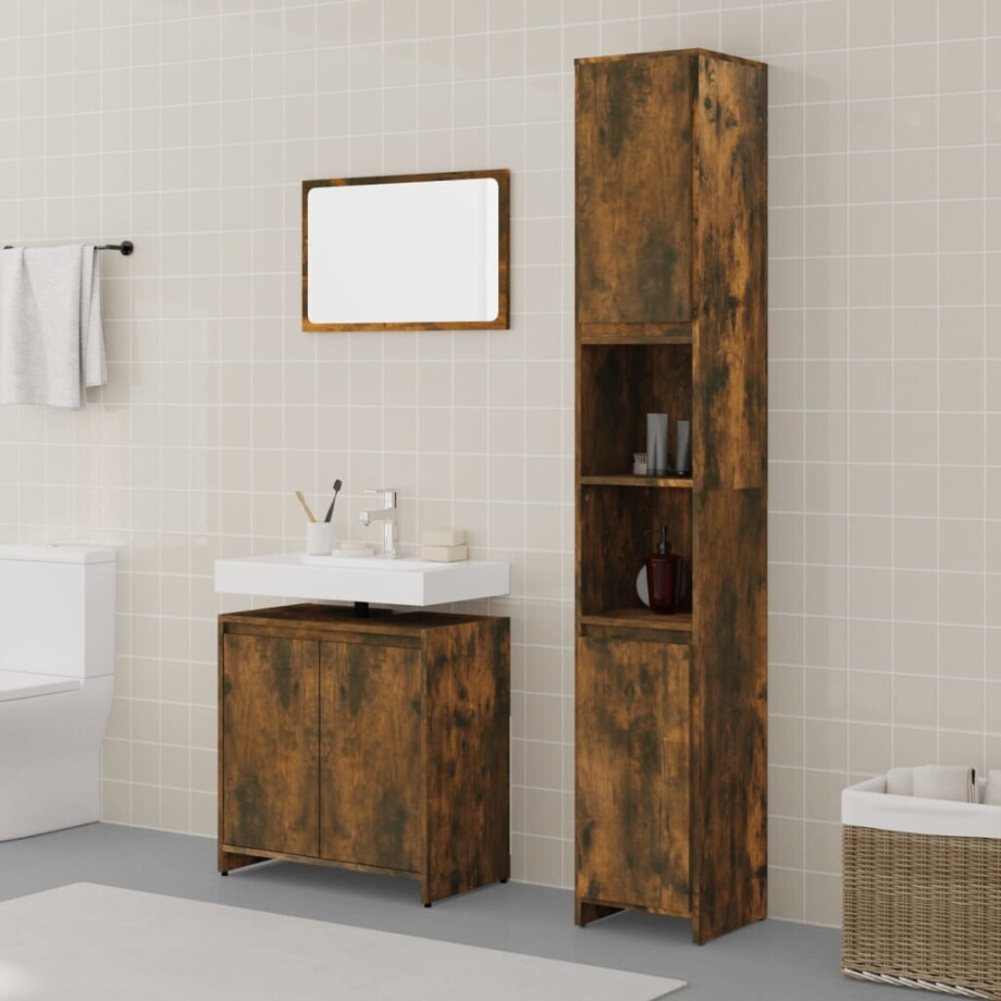 vidaXL 3-delige Badkamermeubelset bewerkt hout gerookt eikenkleurig vidaXL 3-delige Badkamermeubelset bewerkt hout gerookt eikenkleurig afbeelding 1