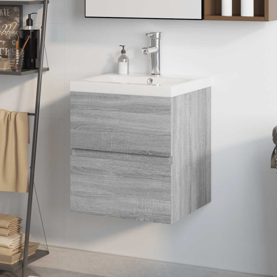 vidaXL Wastafelkast met ingebouwde wasbak bewerkt hout grijs sonoma vidaXL Wastafelkast met ingebouwde wasbak bewerkt hout grijs sonoma afbeelding 1