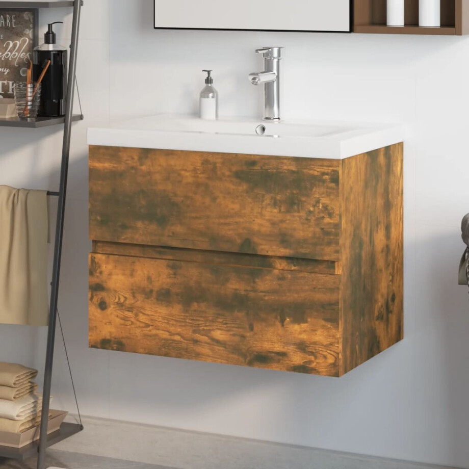vidaXL Wastafelkast met ingebouwde wasbak bewerkt hout gerookt eiken vidaXL Wastafelkast met ingebouwde wasbak bewerkt hout gerookt eiken afbeelding 1
