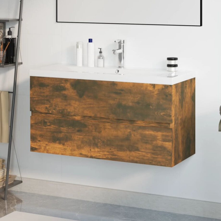 vidaXL Wastafelkast met ingebouwde wasbak bewerkt hout gerookt eiken vidaXL Wastafelkast met ingebouwde wasbak bewerkt hout gerookt eiken afbeelding 1