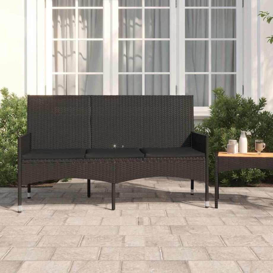 vidaXL Tuinbank 3-zits met kussens poly rattan zwart afbeelding 1