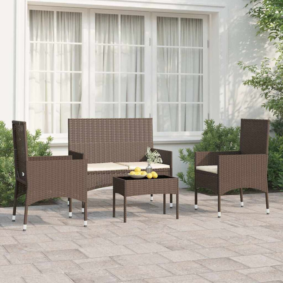 vidaXL 4-delige Loungeset met kussens poly rattan bruin afbeelding 1