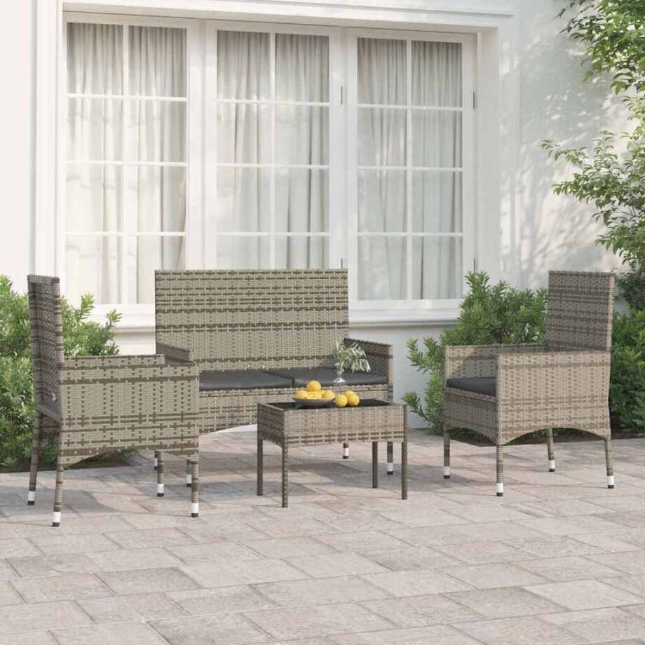 vidaXL 4-delige Loungeset met kussens poly rattan grijs afbeelding 1
