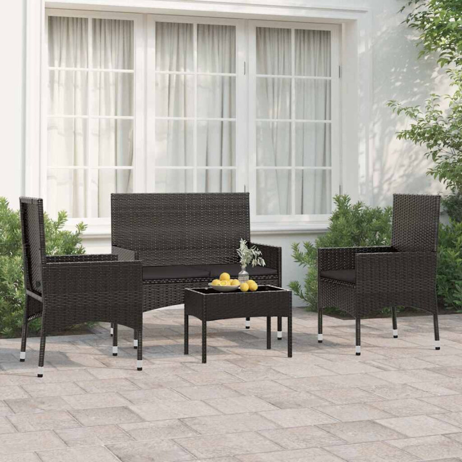 vidaXL 4-delige Loungeset met kussens poly rattan zwart afbeelding 1