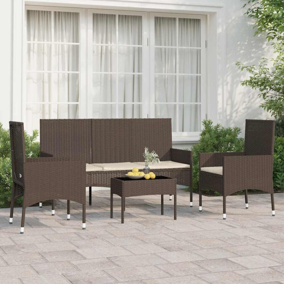 vidaXL 4-delige Loungeset met kussens poly rattan bruin afbeelding 1