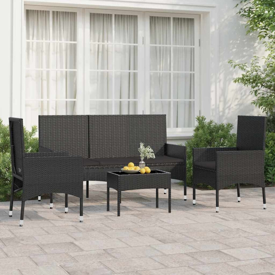 vidaXL 4-delige Loungeset met kussens poly rattan zwart afbeelding 1