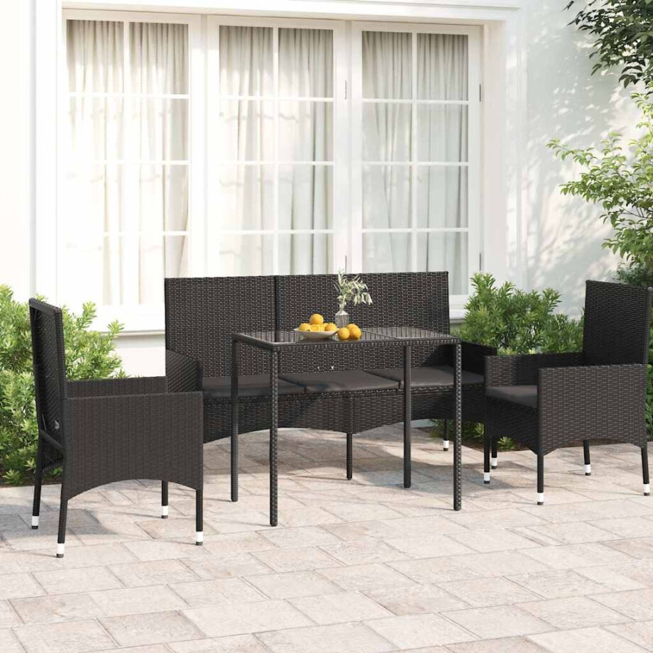 vidaXL 4-delige Loungeset met kussens poly rattan zwart afbeelding 1