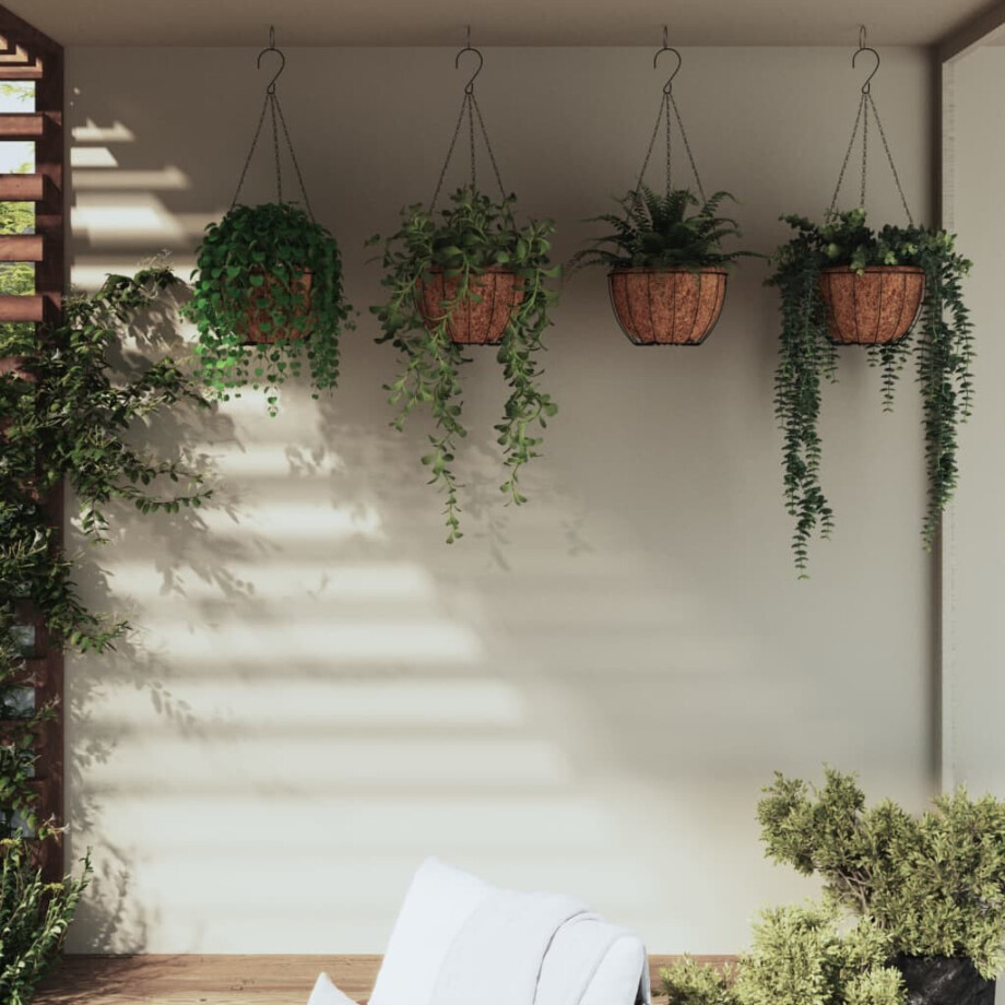 vidaXL Plantenbakken hangend 4 st met kokosbak staal Ø 30x52 cm zwart vidaXL Plantenbakken hangend 4 st met kokosbak staal Ø 30x52 cm zwart afbeelding 1
