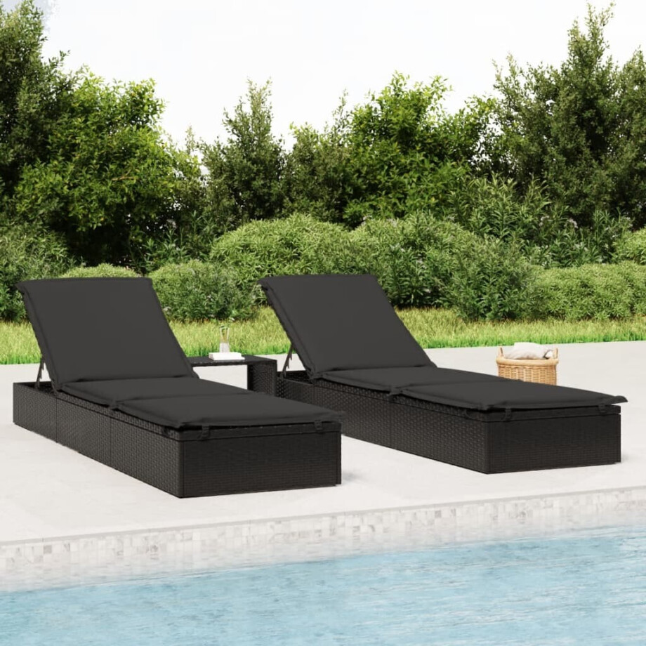 vidaXL Ligbedden 2 st met tafel poly rattan zwart afbeelding 1
