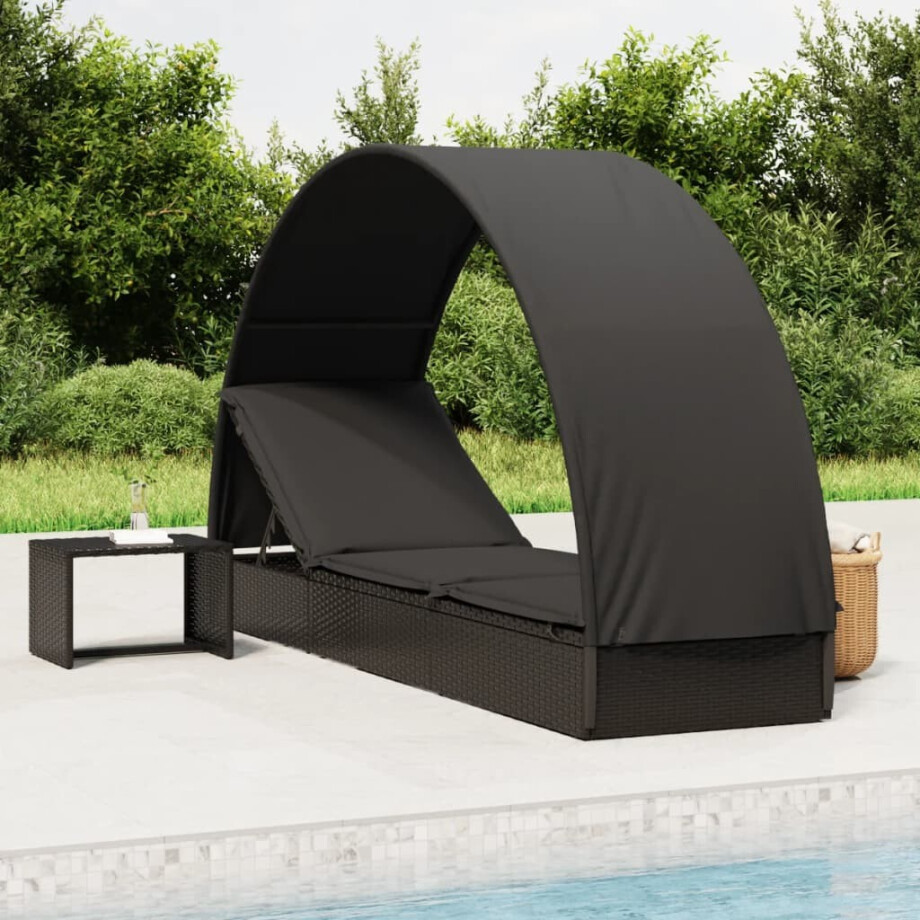 vidaXL Ligbed met rond dak 211x57x140 cm poly rattan zwart vidaXL Ligbed met rond dak 211x57x140 cm poly rattan zwart afbeelding 1