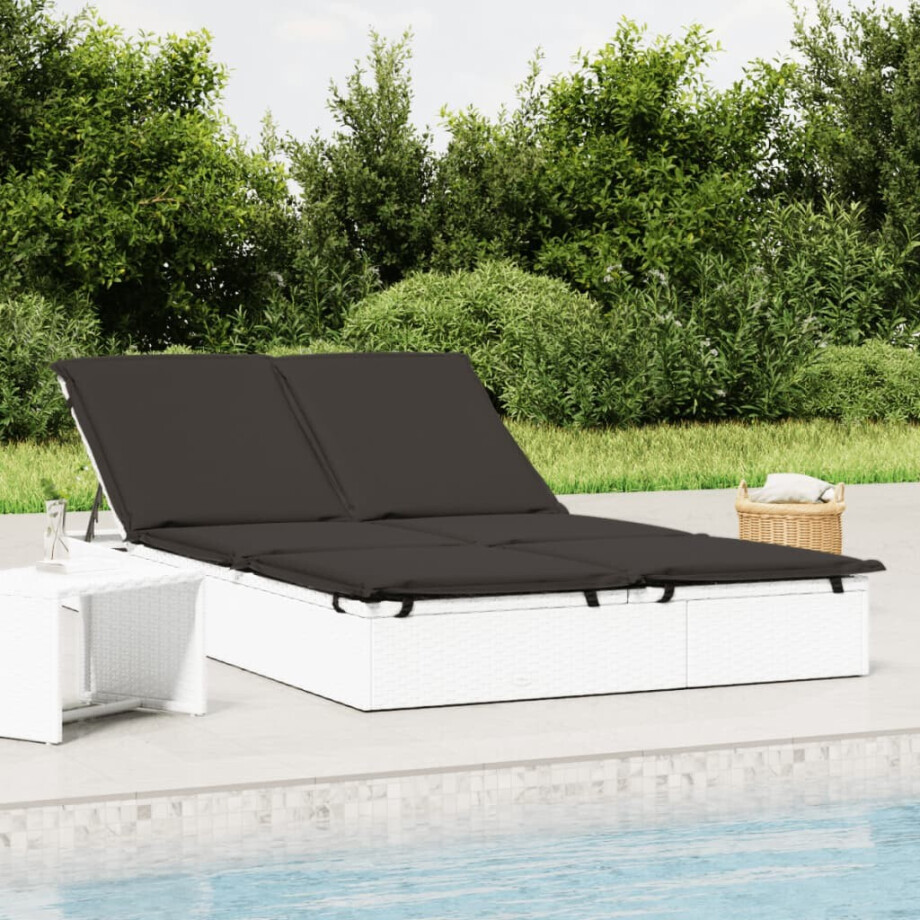 vidaXL Ligbed met kussens 2-persoons poly rattan wit afbeelding 1