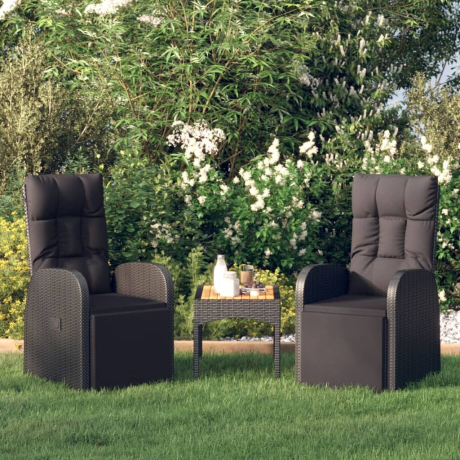 vidaXL Tuinstoelen 2 st verstelbaar met kussens poly rattan zwart afbeelding 1