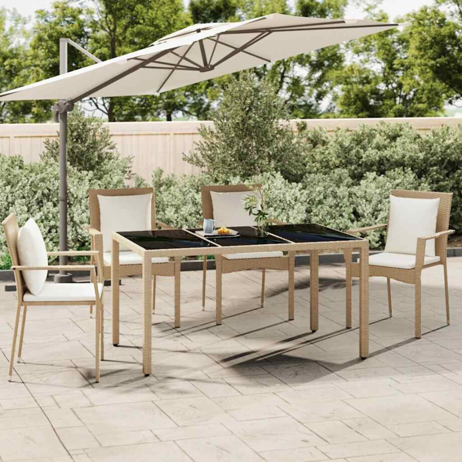 vidaXL Tuintafel met glazen blad poly rattan en gehard glas beige afbeelding 1