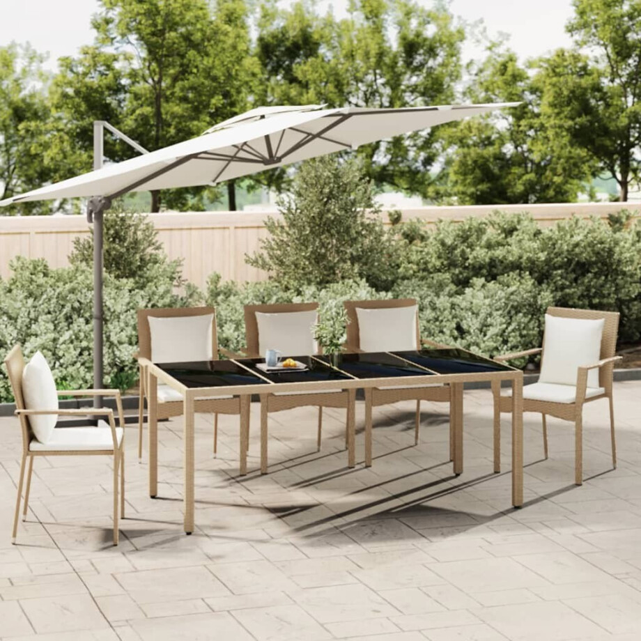 vidaXL Tuintafel met glazen blad poly rattan en gehard glas beige afbeelding 1