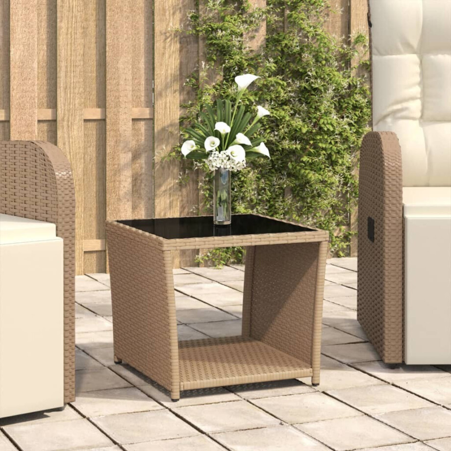 vidaXL Salontafel met glazen blad poly rattan en gehard glas beige afbeelding 1