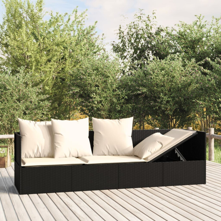 vidaXL Loungebed met kussens poly rattan zwart afbeelding 1