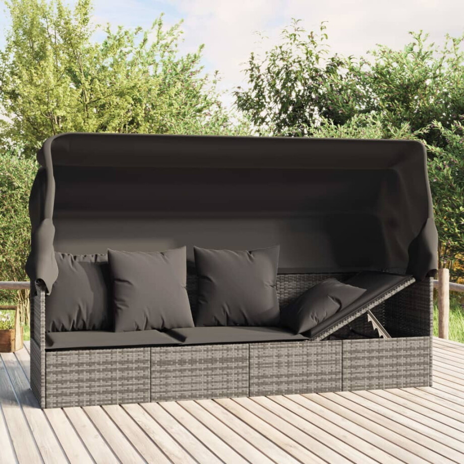 vidaXL Loungebed met luifel en kussens poly rattan grijs afbeelding 1
