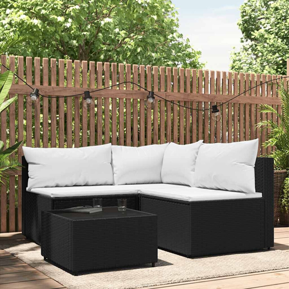 vidaXL 4-delige Loungeset met kussens poly rattan zwart afbeelding 1