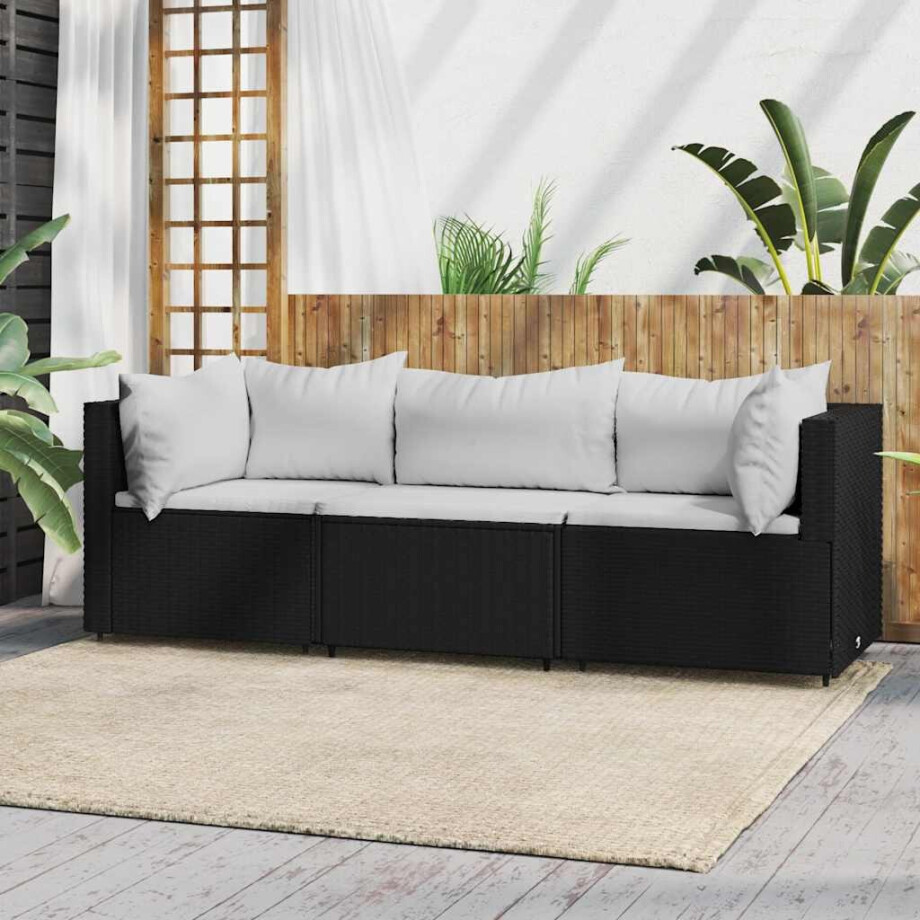 vidaXL 3-delige Loungeset met kussens poly rattan zwart afbeelding 1