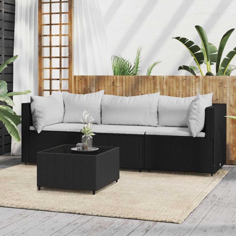 vidaXL 4-delige Loungeset met kussens poly rattan zwart afbeelding 1