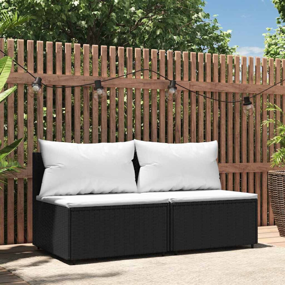 vidaXL Tuinmiddenbanken met kussens 2 st poly rattan zwart vidaXL Tuinmiddenbanken met kussens 2 st poly rattan zwart afbeelding 1