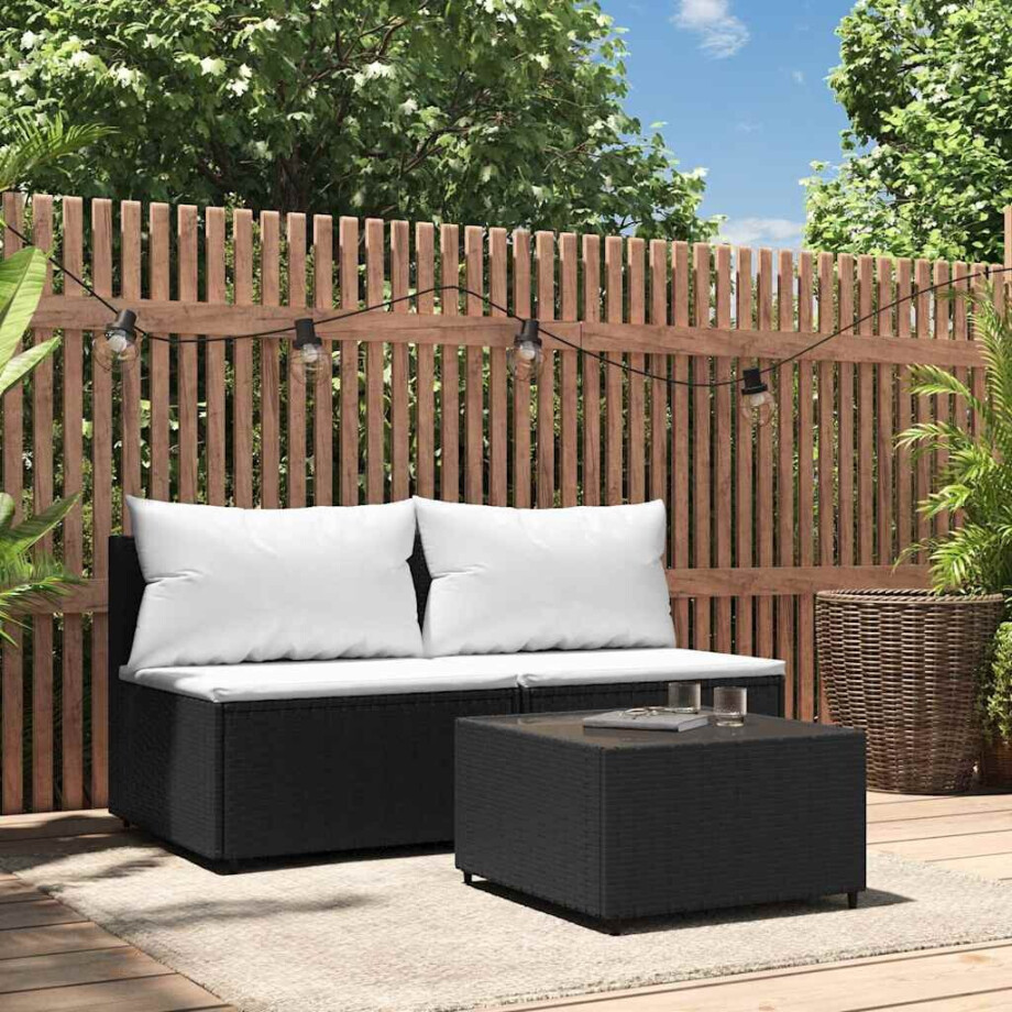vidaXL 3-delige Loungeset met kussens poly rattan zwart afbeelding 1
