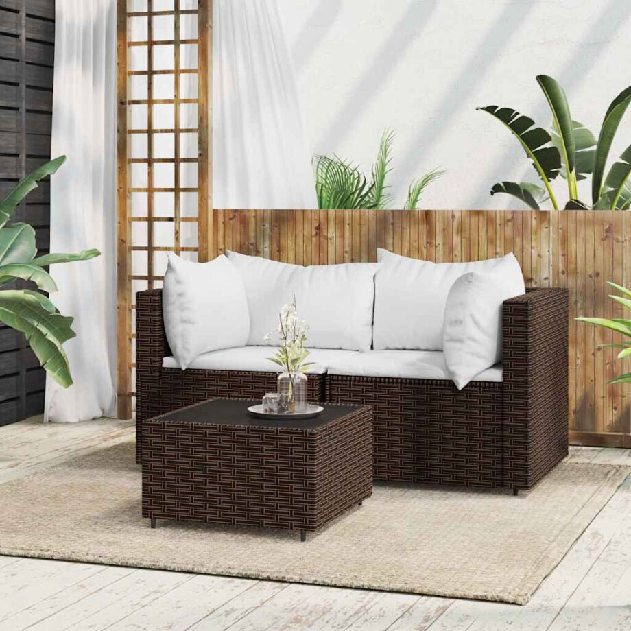 vidaXL 3-delige Loungeset met kussens poly rattan bruin vidaXL 3-delige Loungeset met kussens poly rattan bruin afbeelding 1