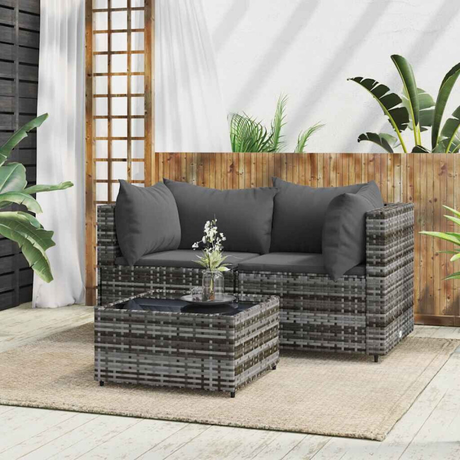 vidaXL 3-delige Loungeset met kussens poly rattan grijs afbeelding 1