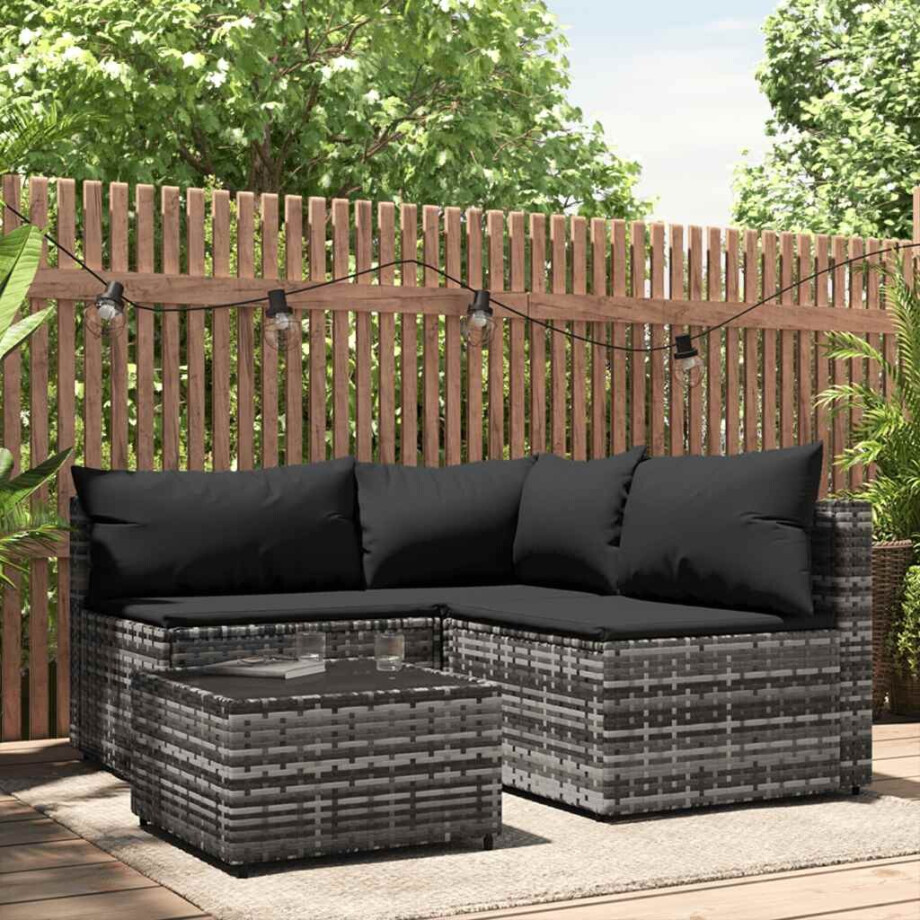 vidaXL 4-delige Loungeset met kussens poly rattan grijs afbeelding 1