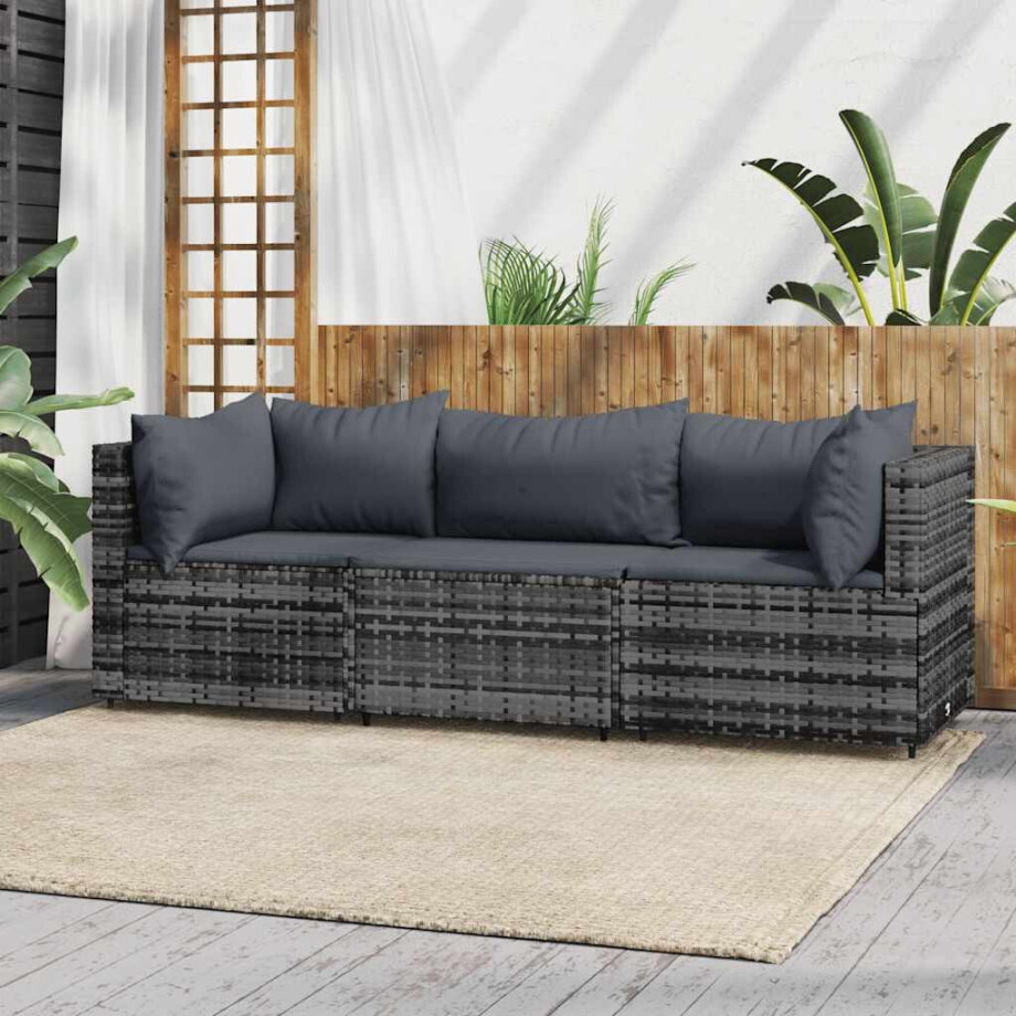 vidaXL 3-delige Loungeset met kussens poly rattan grijs afbeelding 1