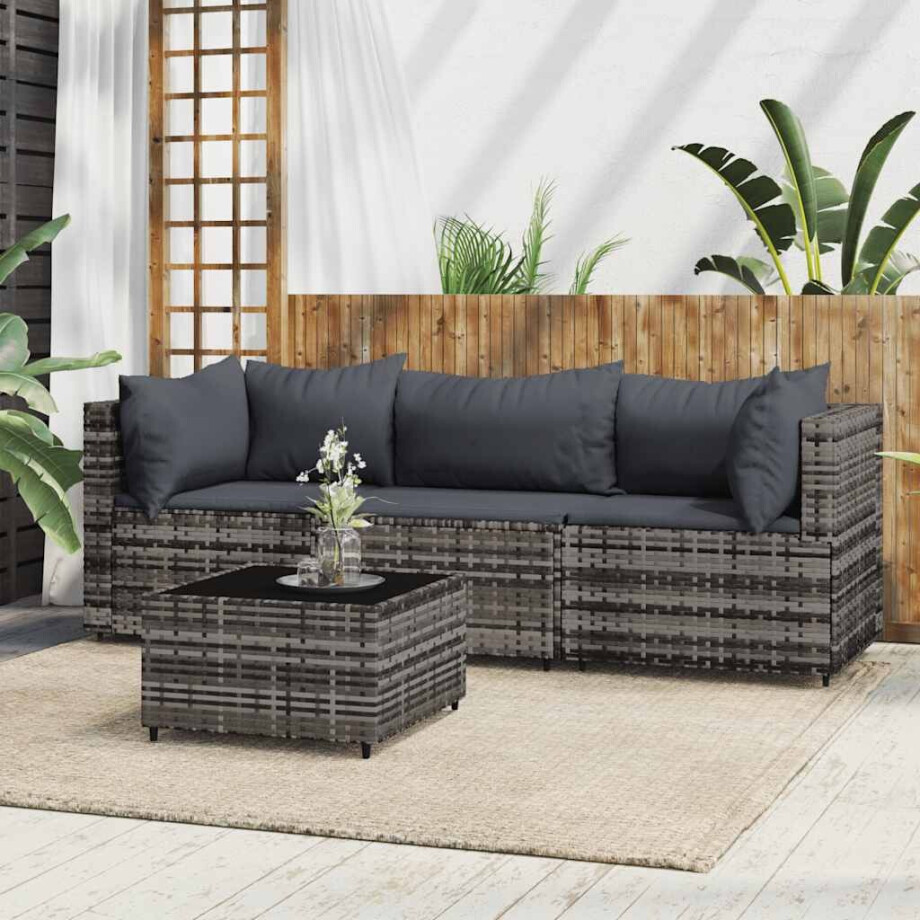 vidaXL 4-delige Loungeset met kussens poly rattan grijs afbeelding 1