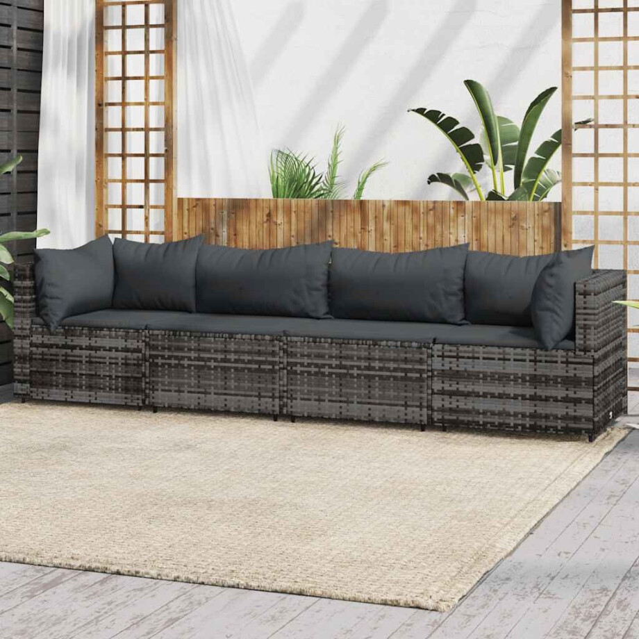 vidaXL 4-delige Loungeset met kussens poly rattan grijs afbeelding 1