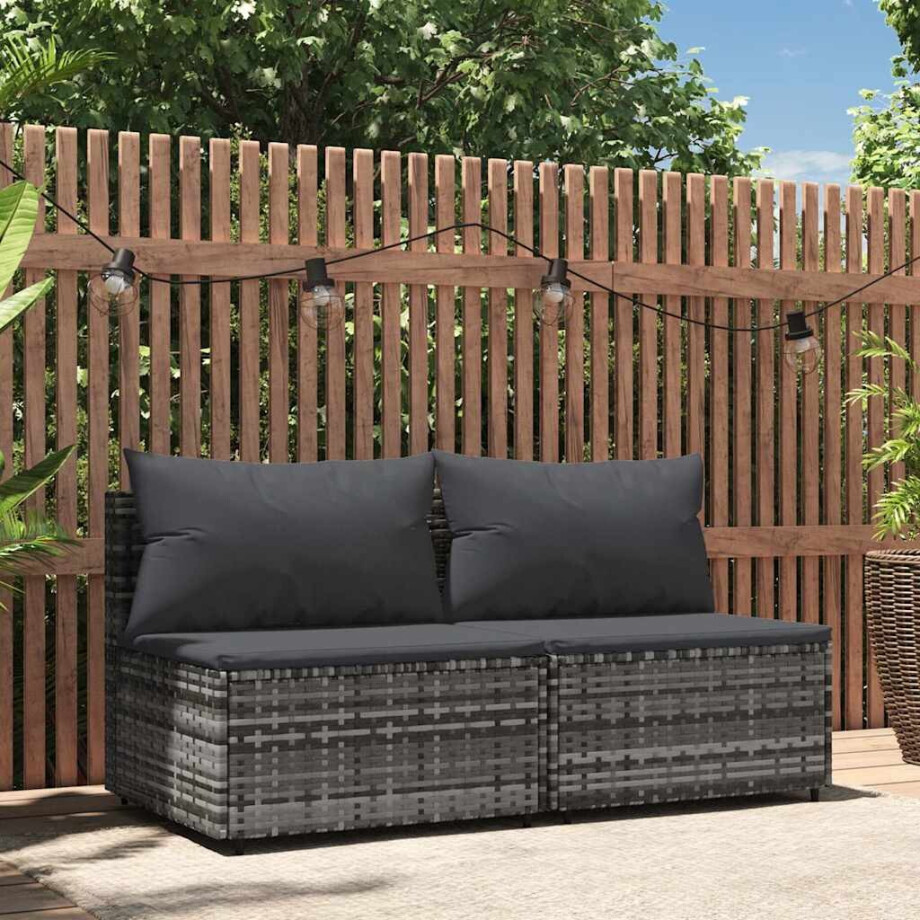vidaXL Tuinmiddenbank met kussens 2 st poly rattan grijs vidaXL Tuinmiddenbank met kussens 2 st poly rattan grijs afbeelding 1