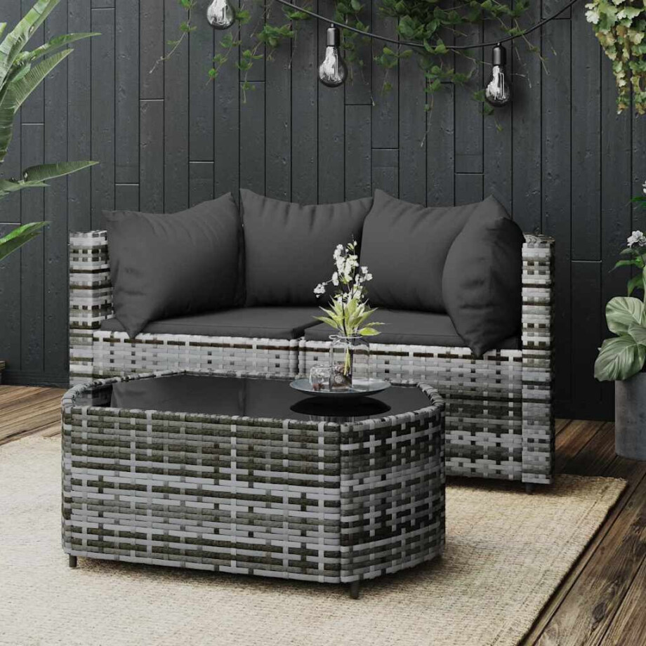 vidaXL 3-delige Loungeset met kussens poly rattan grijs afbeelding 1