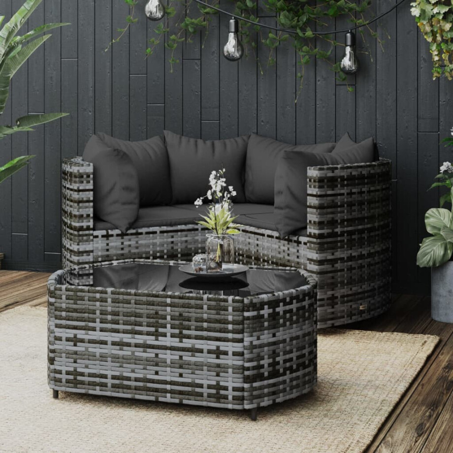 vidaXL 4-delige Loungeset met kussens poly rattan grijs afbeelding 1