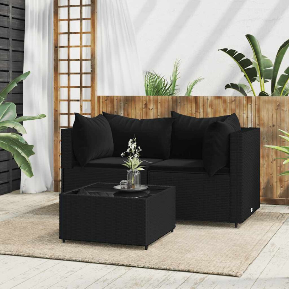 vidaXL 3-delige Loungeset met kussens poly rattan zwart afbeelding 1