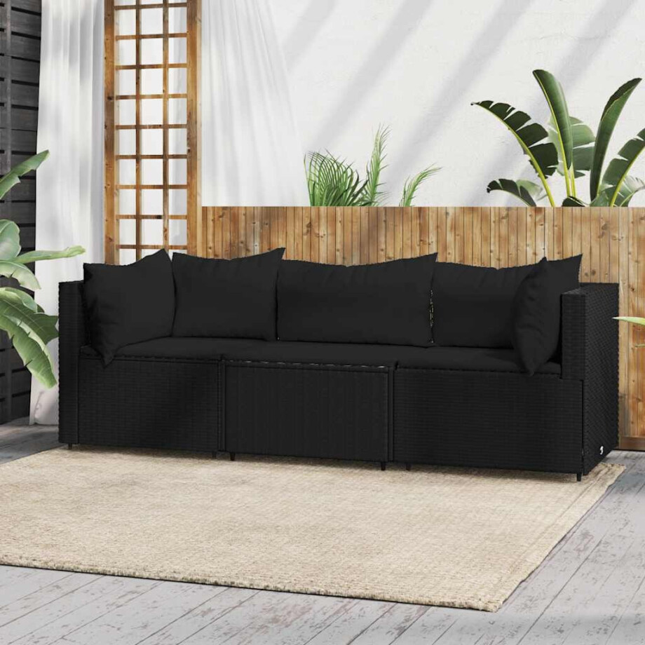 vidaXL 3-delige Loungeset met kussens poly rattan zwart afbeelding 1