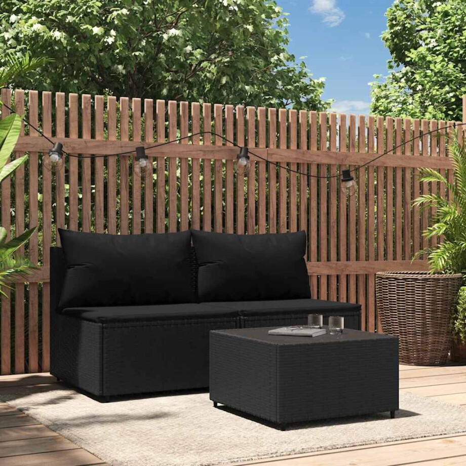 vidaXL 3-delige Loungeset met kussens poly rattan zwart afbeelding 1