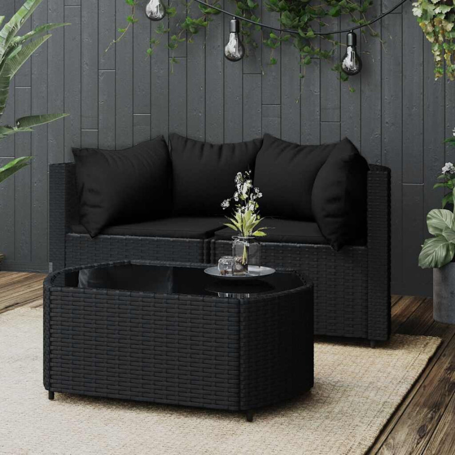 vidaXL 3-delige Loungeset met kussens poly rattan zwart afbeelding 1