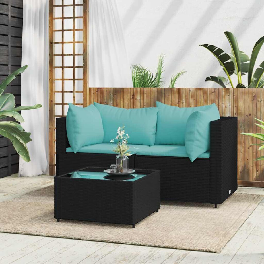vidaXL 3-delige Loungeset met kussens poly rattan zwart afbeelding 1