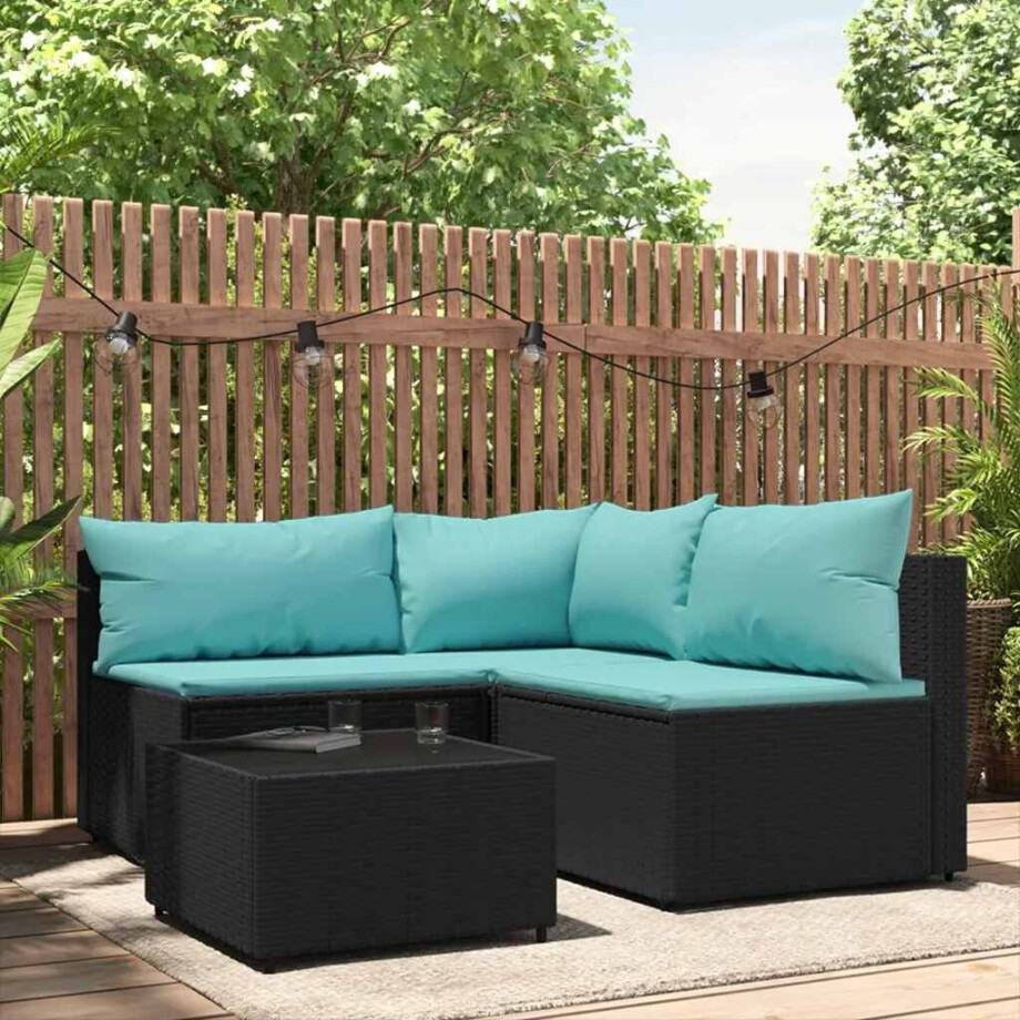 vidaXL 4-delige Loungeset met kussens poly rattan zwart afbeelding 1