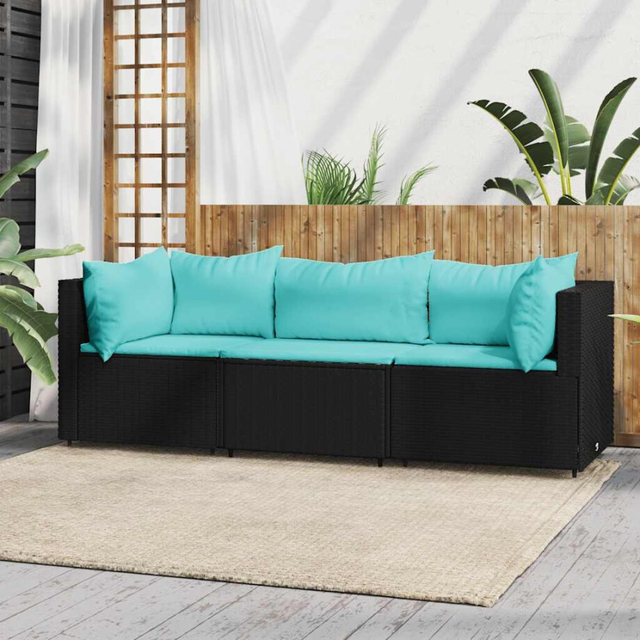 vidaXL 3-delige Loungeset met kussens poly rattan zwart afbeelding 1