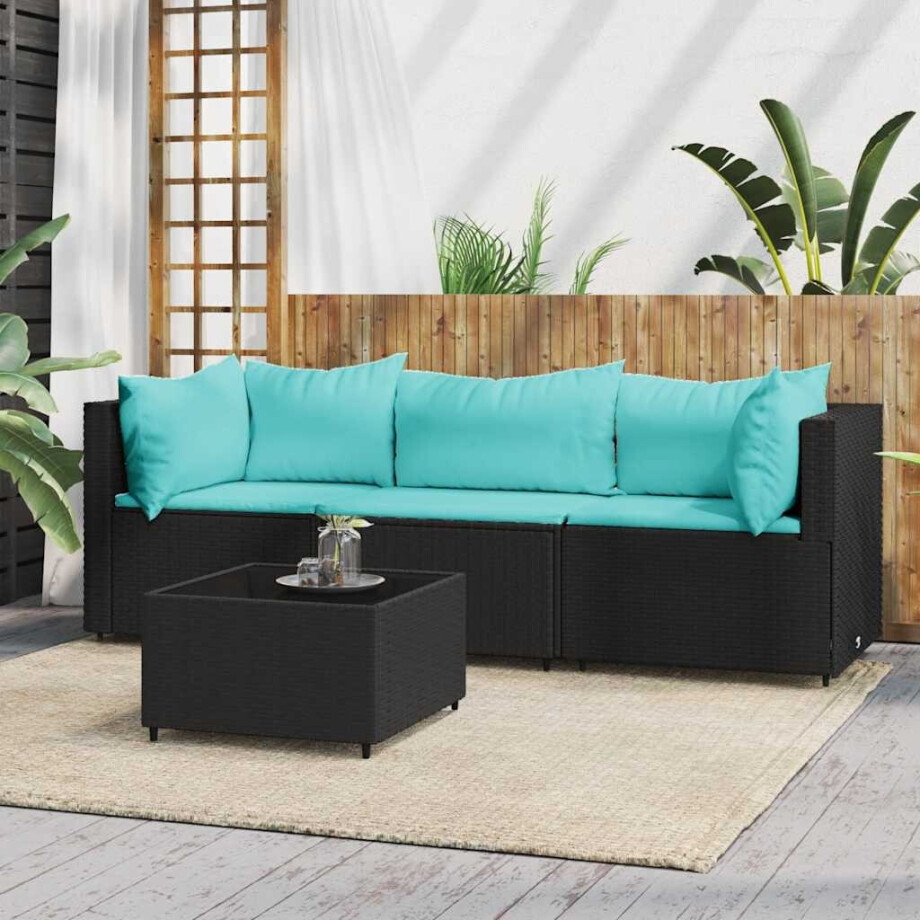 vidaXL 4-delige Loungeset met kussens poly rattan zwart afbeelding 1