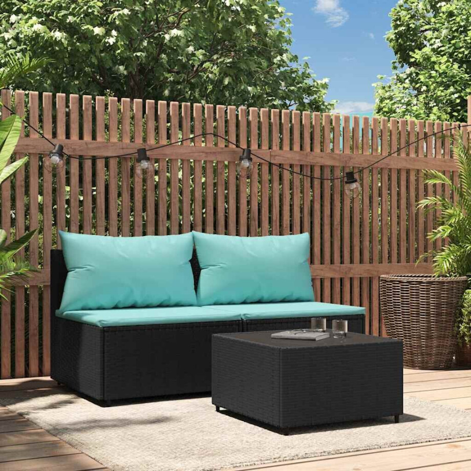 vidaXL 3-delige Loungeset met kussens poly rattan zwart afbeelding 1